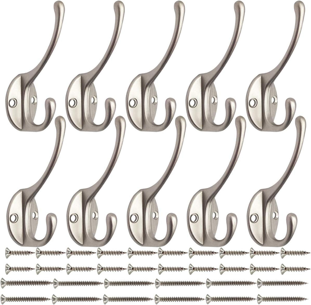 IBosins 10 Pack Heavy Duty Dual Coat Hooks Wall Mounted with 40 Screws Retro Double Hooks Utility Silvery Hooks for Coat, Scarf, Bag, Towel, Key, Cap, Cup, Hat (Silvery)