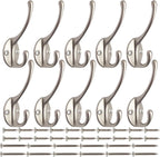 IBosins 10 Pack Heavy Duty Dual Coat Hooks Wall Mounted with 40 Screws Retro Double Hooks Utility Silvery Hooks for Coat, Scarf, Bag, Towel, Key, Cap, Cup, Hat (Silvery)