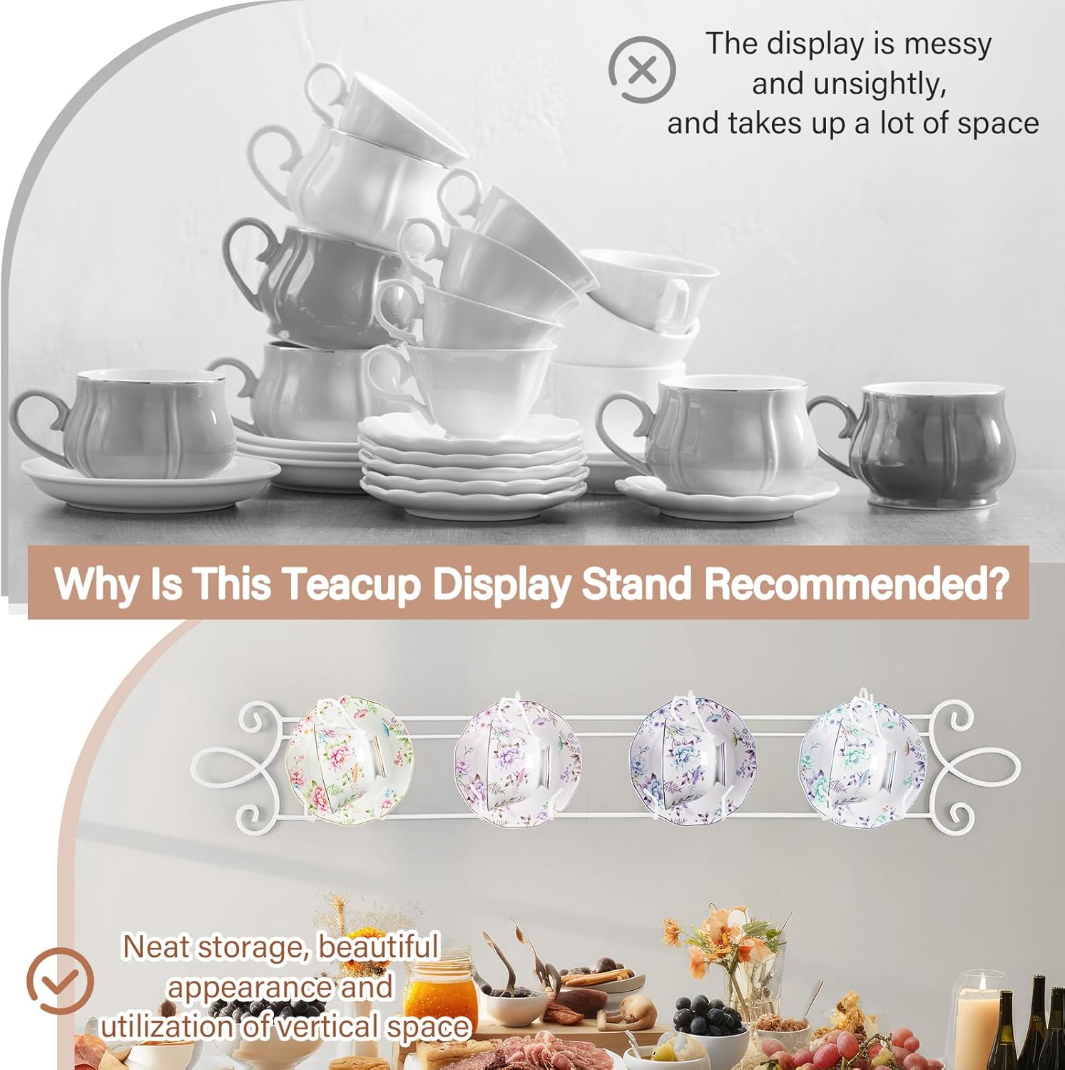 Blulu 2 Pcs 4-Tier Tea Cup & Saucer Display Stand - Horizontal Wall Mounted Organizer, Farmhouse White Brackets for Coffee Mugs/China Plates, Decorative Wall Plate Hangers, 45'' x 5.5''