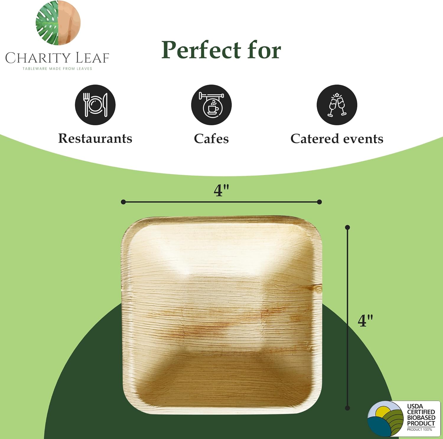 Charity Leaf Disposable Palm Leaf 4" Square Bowl (50 pcs) Dipping Bowls | Bamboo Like| All Natural and Biodegradable | Charcuterie Boards, BBQs, and Parties