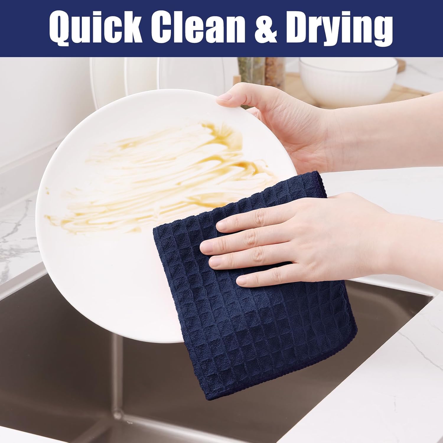 Homaxy Microfiber Waffle Weave Kitchen Towels, 16 x 28 Inch Ultra Absorbent and Solid Color Dish Towels, 6 Pack, Navy Blue