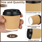 Uiifan 100 Set 4oz Disposable Espresso Cups with Lids Ripple Corrugated Paper Disposable Coffee Insulated Hot Ripple Cups for hot Chocolate, Tea, and Cocoa Drinks(Kraft Paper Color)