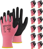 KAYGO Safety Work Gloves PU Coated-12 Pairs Seamless Knit Glove with Polyurethane Coated Smooth Grip on Palm & Fingers, for Men and Women, Ideal for General Duty Work, KG11P (XS, Pink)