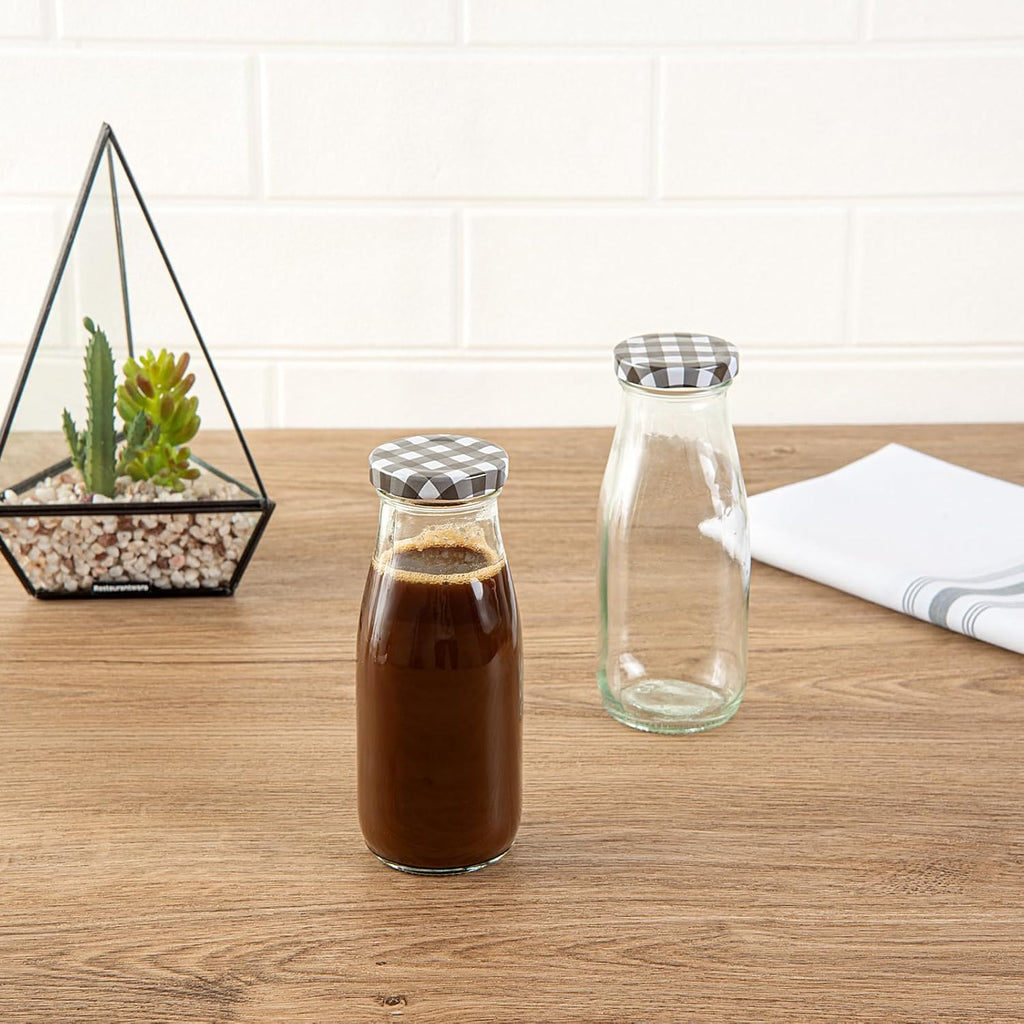 Restaurantware French Countryside 11 Ounce Glass Bottles 10 Durable Juice Bottles - With Black Plaid Lid Dishwashable Clear Glass Countryside Bottles For Hot And Cold Beverages
