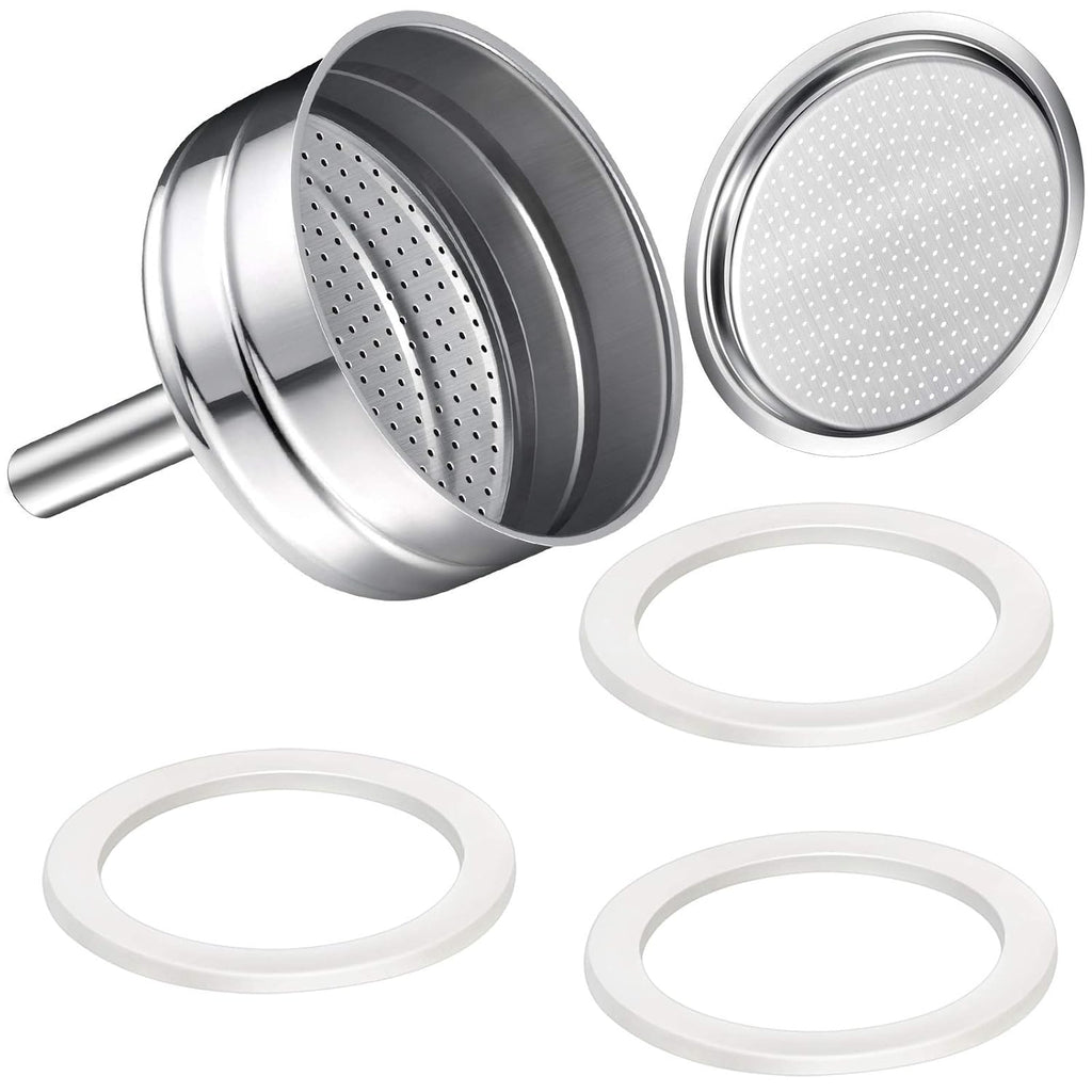 Moka Express Replacement Funnel Kit, 3 Packs Gasket Seals, 1 Stainless Steel Funnel with 1 Pack Stainless Filter (6-Cup)