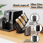 OVICAR Cup and Lid Holder - Adjustable Coffee Cup Holder Organizer 4 Compartment Disposable Cup Dispenser with Coffee Pod Straw Storage Basket for Coffee Station Bar Countertop Breakroom Metal Black