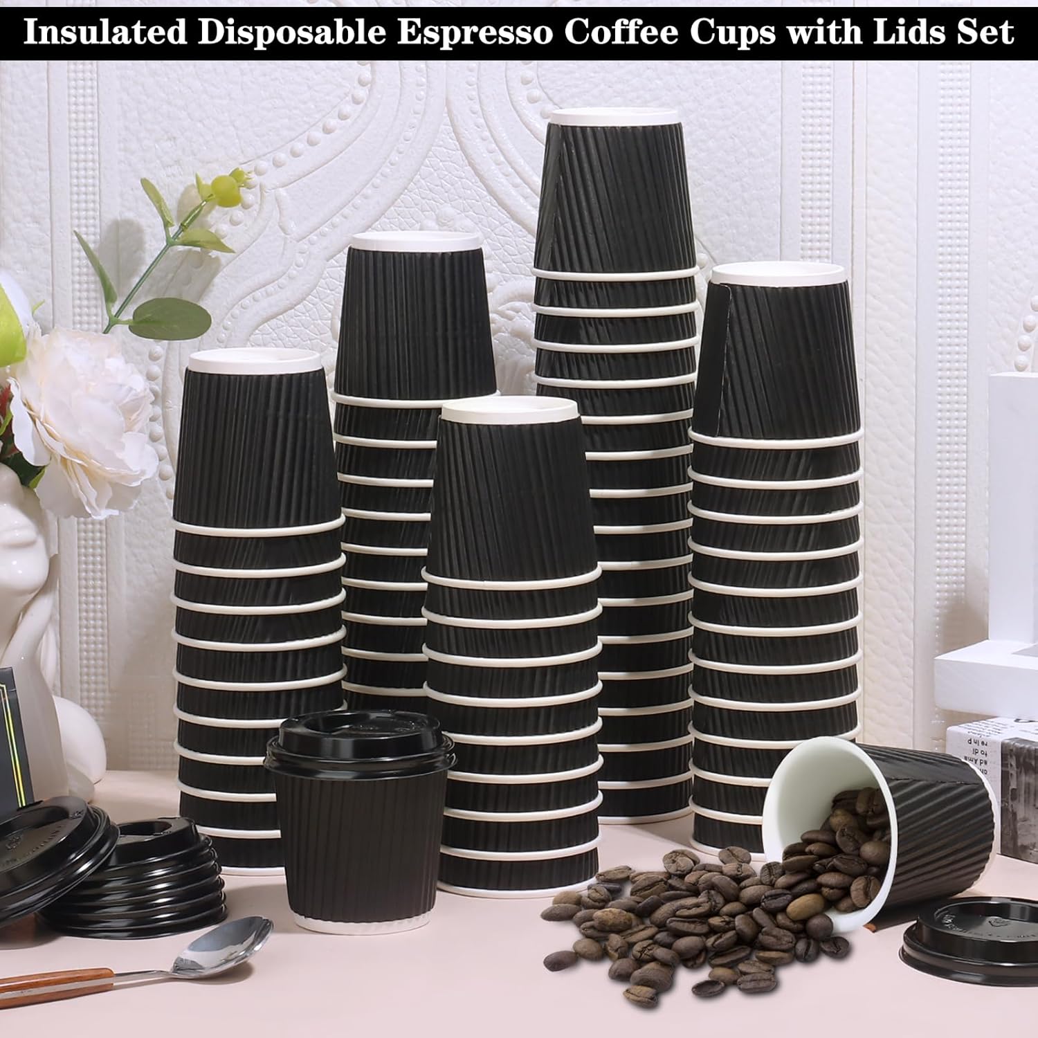 100 4oz Disposable Espresso Cups with Lids Ripple Corrugated Paper Disposable Coffee Cups Cups for Hot Chocolate, Tea, and Cocoa Drinks (Black)