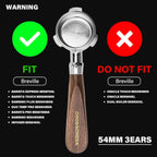 Espresso Portafilter | 54mm Bottomless Portafilter with 3 Ear and Walnut Handle | Fits 54mm Breville Bambino/Barista/Infuser BES450, BES500, BES880, BES810BSS, BES860XL, BES870XL, BES878