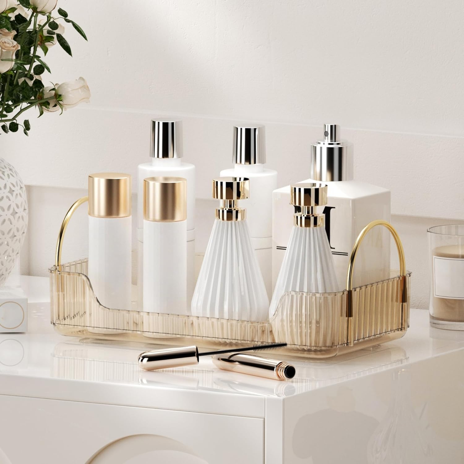 YCIA&DONE Bathroom Organizer Countertop, Makeup Storage, Skincare Cosmetic Tray Shelf, Perfume Holder Rack for Vanity Counter, Large Capacity, Easy to Install, Clean, 1 Tier, Amber Gold