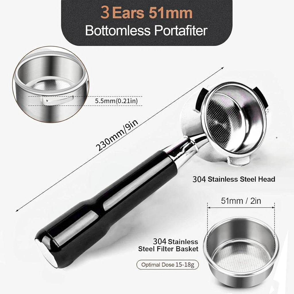 51mm Bottomless Portafilter for Delonghi Dedica EC680, EC685,SMEG and EUPA Coffee Machines, 3-Ear Design, Stainless Steel 51mm portafilter with Stainless Steel Double Shot Capacity Cup Filter Basket