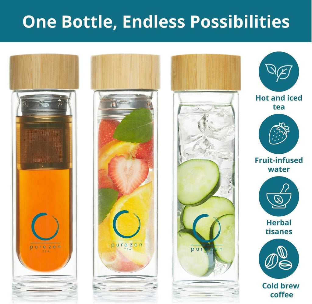 Pure Zen Tea Infuser Bottle - Insulated Glass Bottle for Loose Leaf Infusions - Tea Tumbler with Infuser - Portable Travel Mug for Infused Water - Thermos with Diffuser on the Go - 15 oz