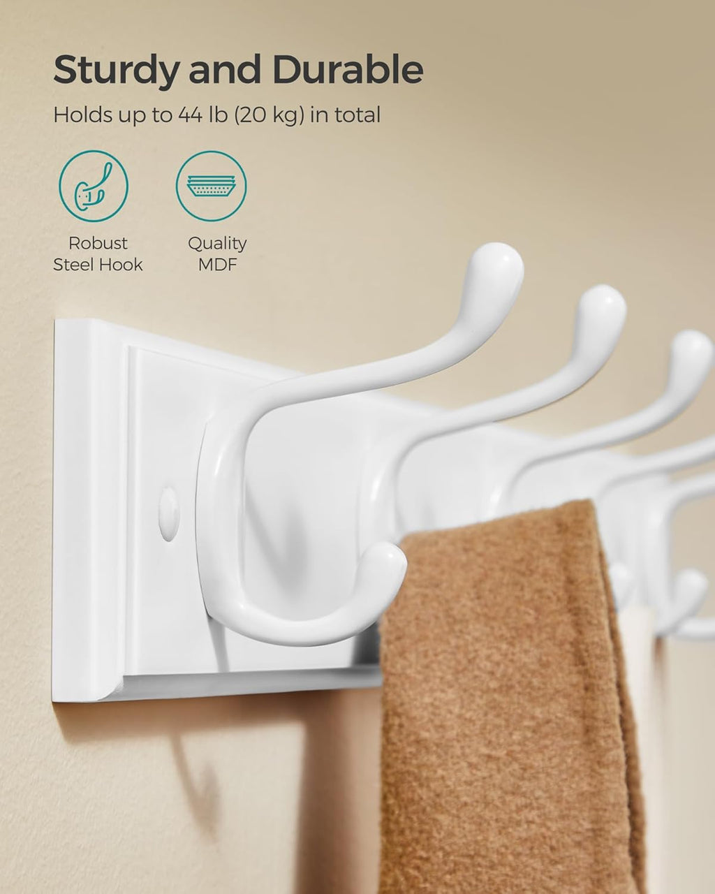 SONGMICS Wall-Mounted Coat Rack, Hook Rack, 5 Dual Metal Hooks, for Coats, Bags, Keys, in The Entryway, Bedroom, Living Room, White ULHR235W01