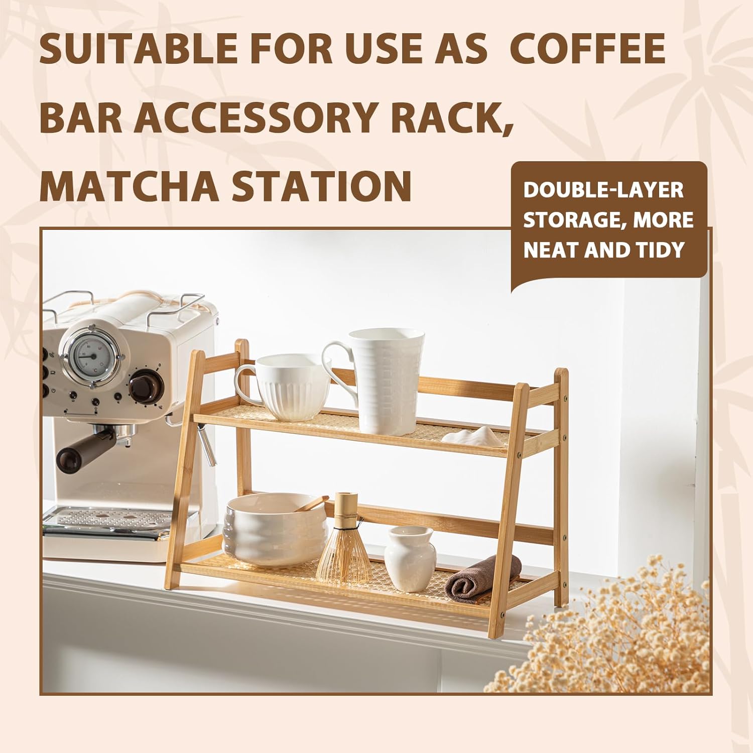 2 Pcs 17.7 Inch 2 Tier Matcha Station Shelf Bamboo Coffee Mug Stand Countertop Storage Rack, Double Layer Rattan Office Cup, Kitchen, Tea, Plant, Bar Accessories Condiment Display (Wood)