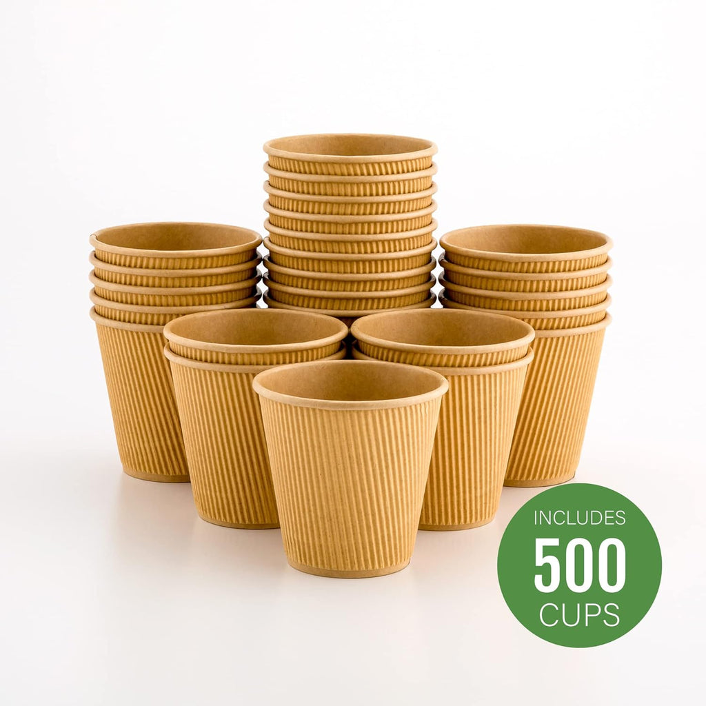 Restaurantware 8 Ounce Double Wall Disposable Coffee Cups, 500 Insulated Kraft Paper Tumblers with Ripple Wall Design, Lids Sold Separately for Hot Drinks like Tea, Hot Chocolate, and More