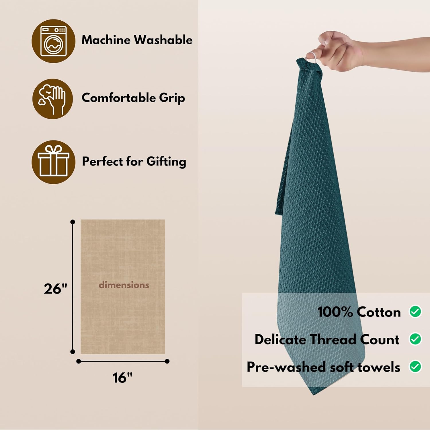 Native Fab Waffle Weave Kitchen Towels, 4 Pack, 16x26 inches, 100% Cotton, Soft & Absorbent Towel with Hanging Loop, Ideal for Cleaning & Drying, Dish Cloths, Bar Towels, Teal Green