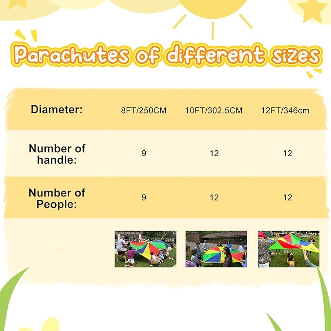 Sonyabecca Parachute 8 Feet 10 Feet 12 Feet for Kids with 9 Handles 12 Handles Play Parachute for 8 12 Kids Tent Cooperative Games Birthday Gift