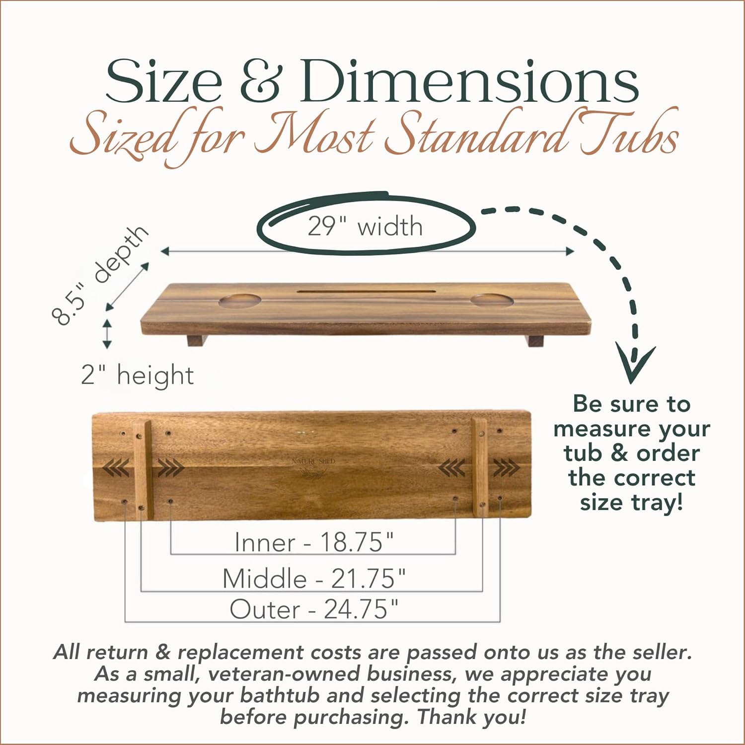Premium Nature Shed Bathtub Tray for Standard Tubs | 29" Solid Acacia Luxury Bath Tray for Tub | Anti-Tip, Non-Toxic, Sustainable, Adjustable Bathtub Caddy | Bathroom Accessories Holders for Tub Tray