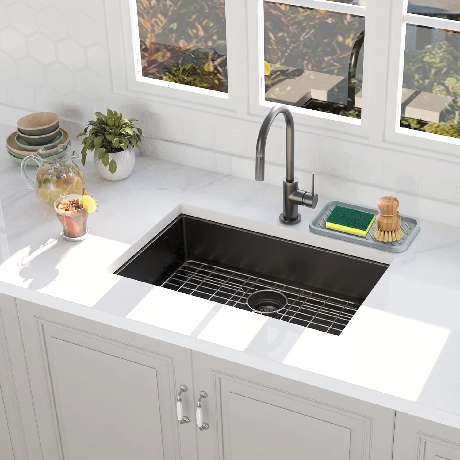 EG-SIPRO Kitchen Sink Organizer Tray,Sponge Holder for Kitchen Sink Bathroom Counter Tray Sponge Caddy Silicone Soap Holder for Soap Dispenser, Bottle, Dishwashing Accessories(2-Pack)