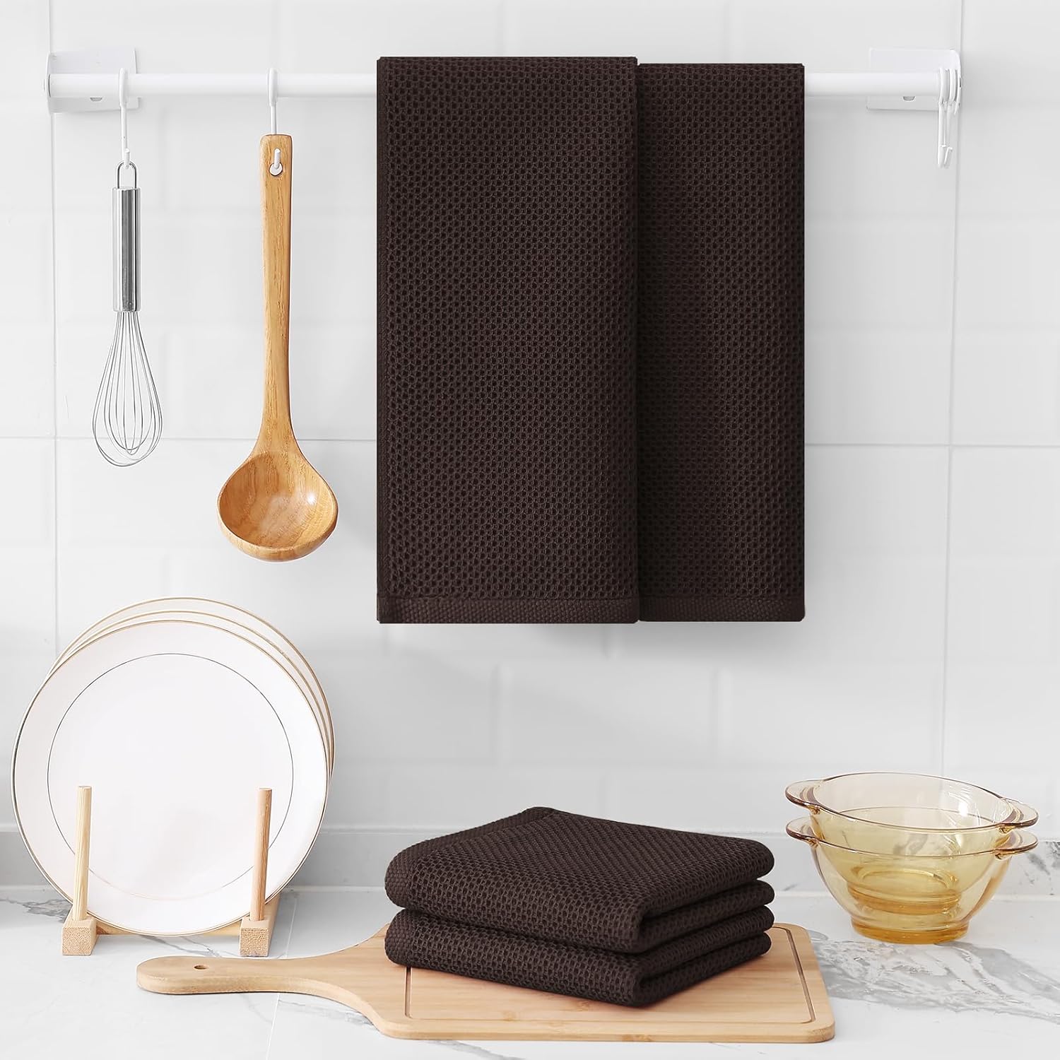 Kitinjoy 100% Cotton Waffle Weave Kitchen Towels, 12-Pack Super Soft and Absorbent Dish Towels for Drying Dishes, Kitchen Hand Towels, 13 in x 28 in, Dark Brown