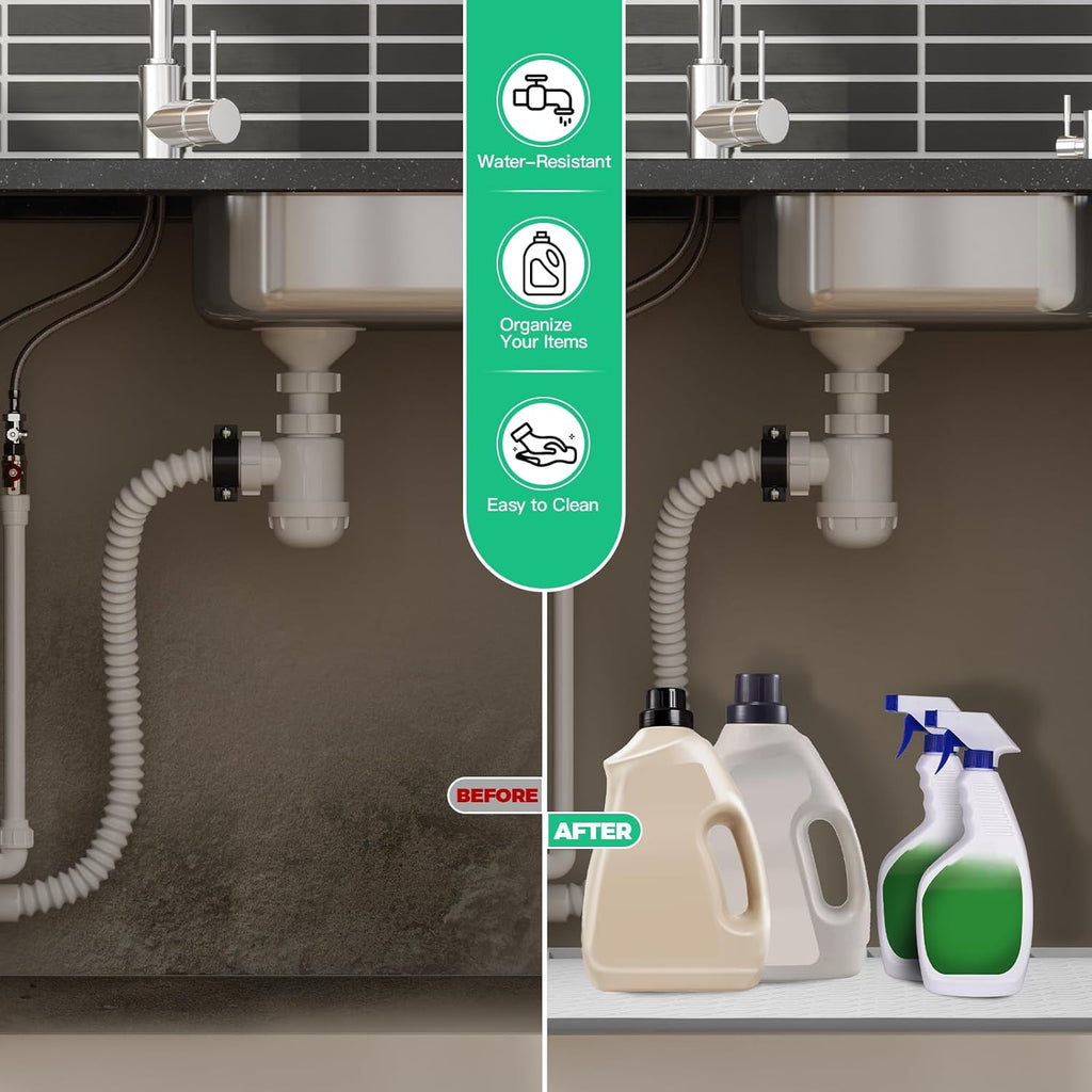 TRZZ Silicone Waterproof Under Sink Mat 34" x 22", Drip Tray and Cabinet Liner for Kitchen and Bathroom, Prevents Water Damage and Organizes Cabinets (Khaki)