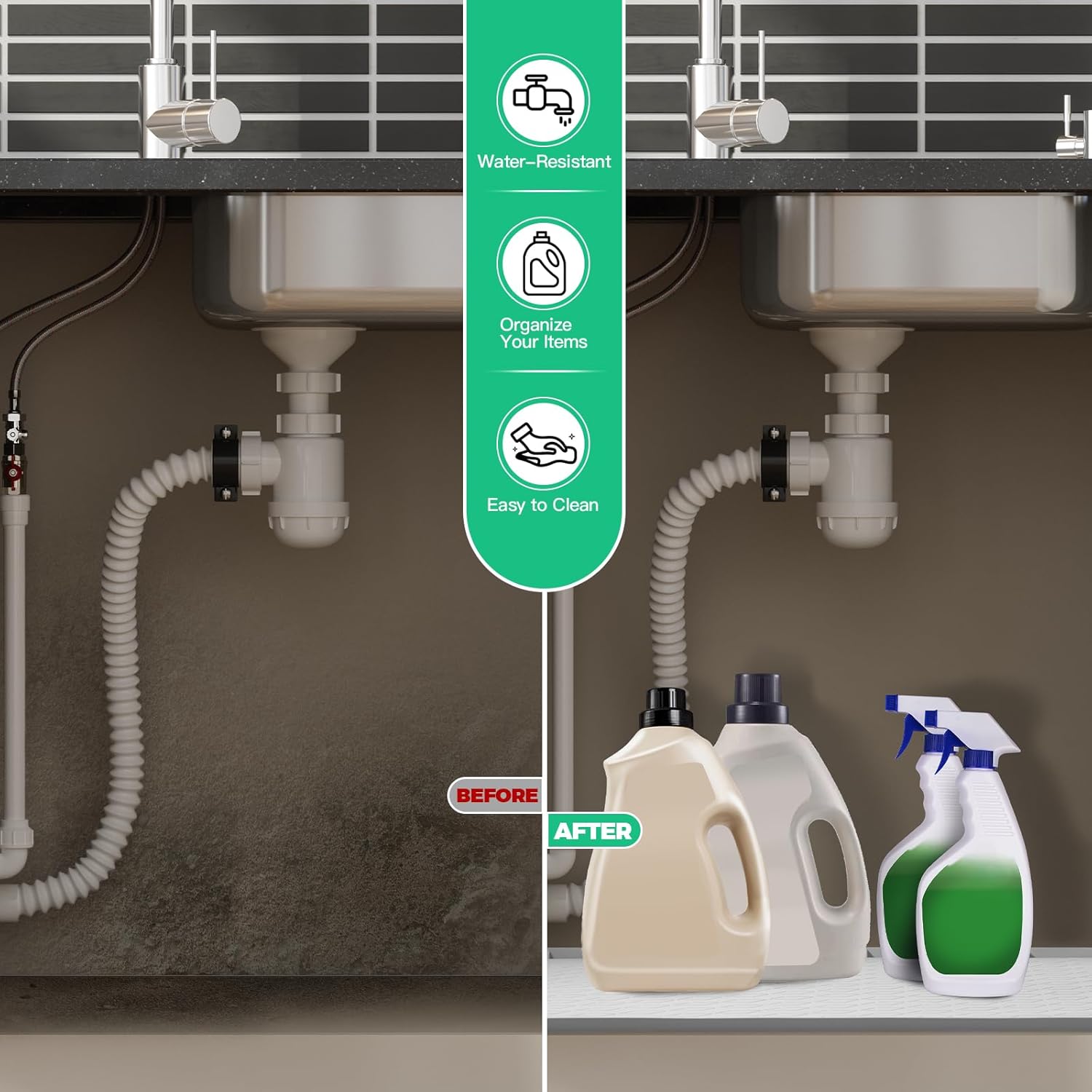 TRZZ Silicone Waterproof Under Sink Mat 28" x 19", Drip Tray and Cabinet Liner for Kitchen and Bathroom, Prevents Water Damage and Organizes Cabinets (Khaki)