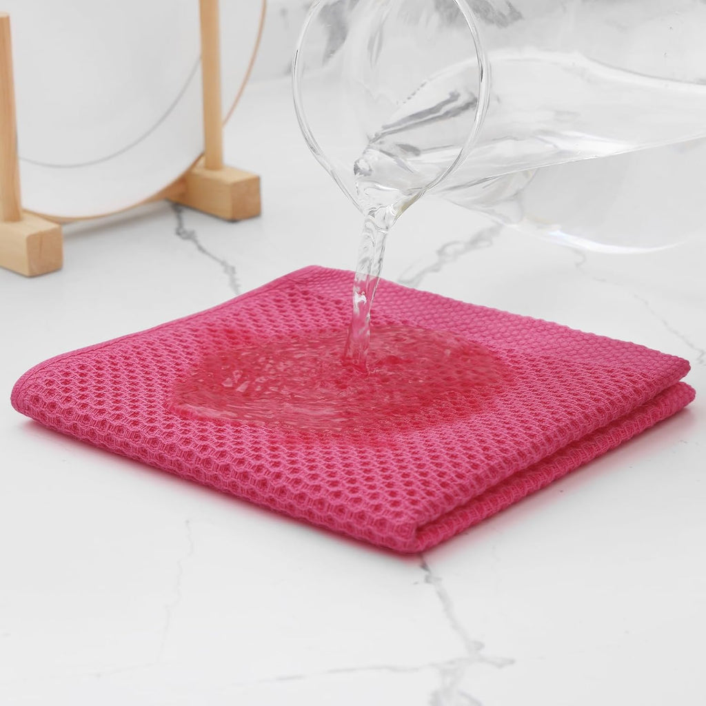 Kitinjoy 100% Cotton Kitchen Dish Cloths, 8 Pack Waffle Weave Ultra Soft Absorbent Dish Towels for Drying Dishes Quick Drying Kitchen Towels Dish Rags, 12 X 12 Inches, Hot Pink