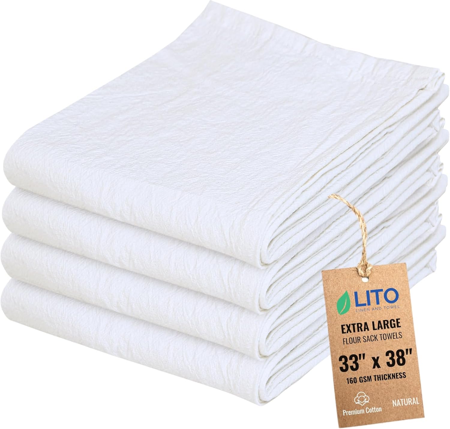 Flour Sack Towels | Tea Towel for Crafts| Kitchen Dish Cotton Blank Towel for Embroidery| Baking Bread Proofing Linen Cover| Thick Absorbent Quick Dry| 4 Pack 33"x38" Natural