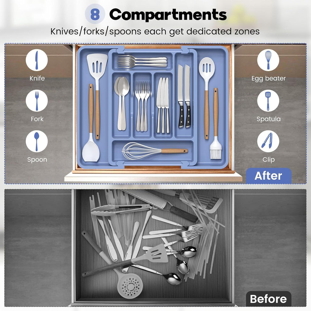 Caperci Large Silverware Organizer for Kitchen Drawer & Utensils - Expandable Drawer Organizer for Cutlery, Flatware & Gadget, BPA-Free Thick Plastic, Wider Compartments & Non-skid Feet (Breezy Blue)