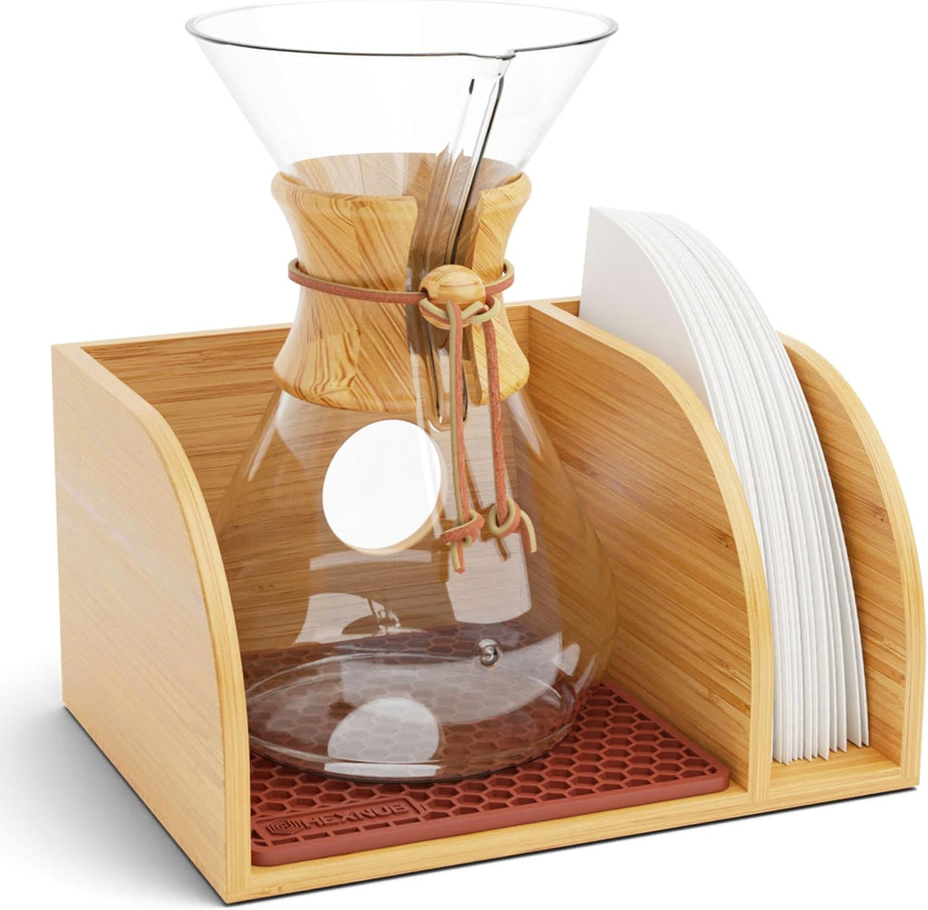 HEXNUB Bamboo Caddy for Pour Over Coffee Maker, Fits Chemex, Bodum, Cosori, Heatproof Mat, Filter Holder