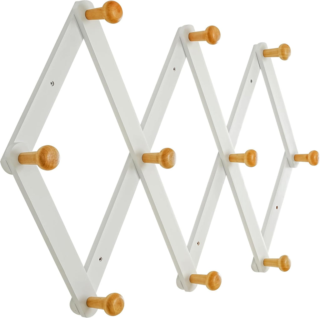 Dseap Expandable Coat Rack (Larger Version) - 24” High, Anti-Slip, Ultra Heavy Duty Wooden Accordian Wall Hanger with 10 Study Peg Hooks for Clothing Hats Jackets Bags, White & Natural