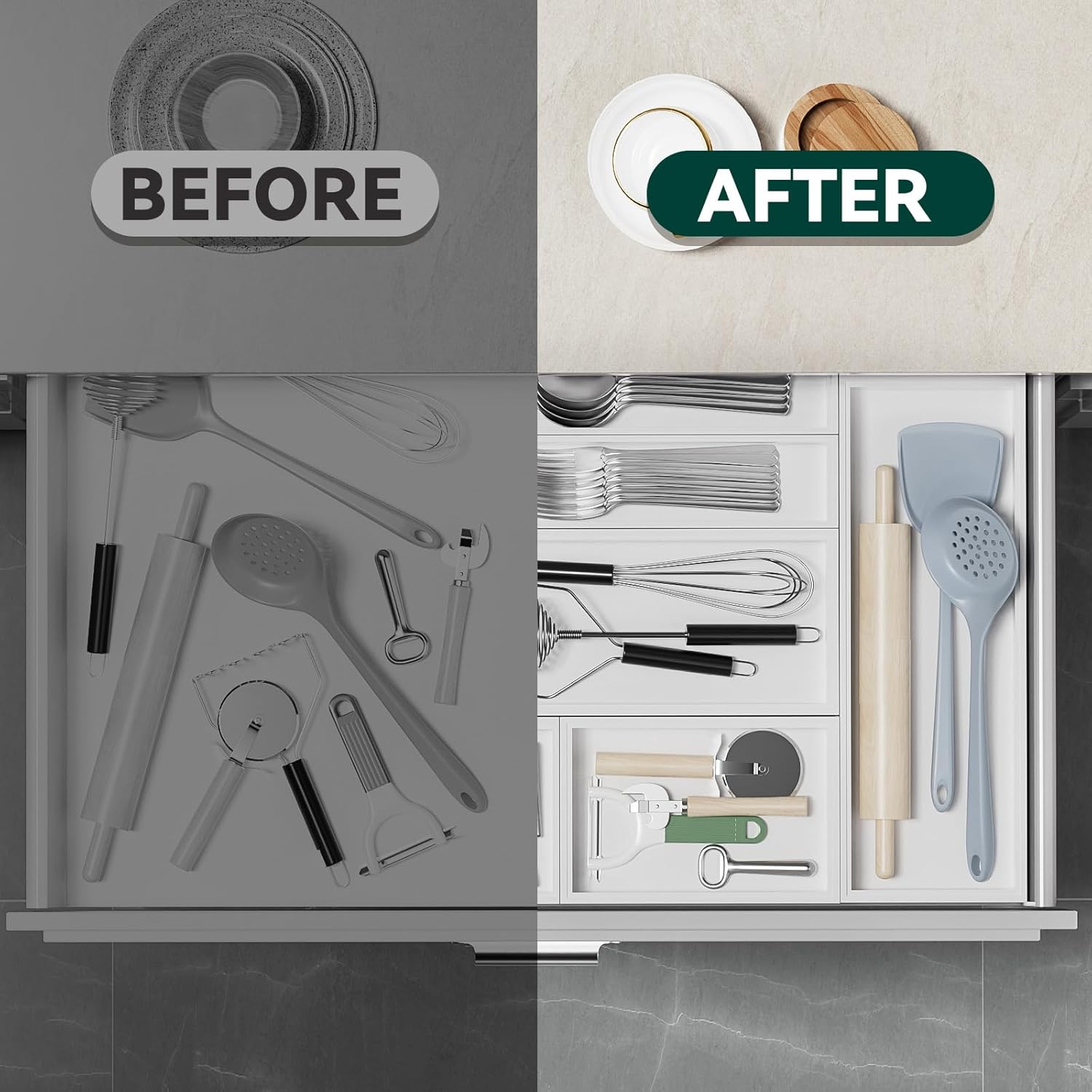 Utensil Organizer Silverware Drawer Organizer - Set of 2, Stackable Kitchen Organization, Bamboo Storage Box Tray for Kitchen Gadgets Bathroom Countertop (White)