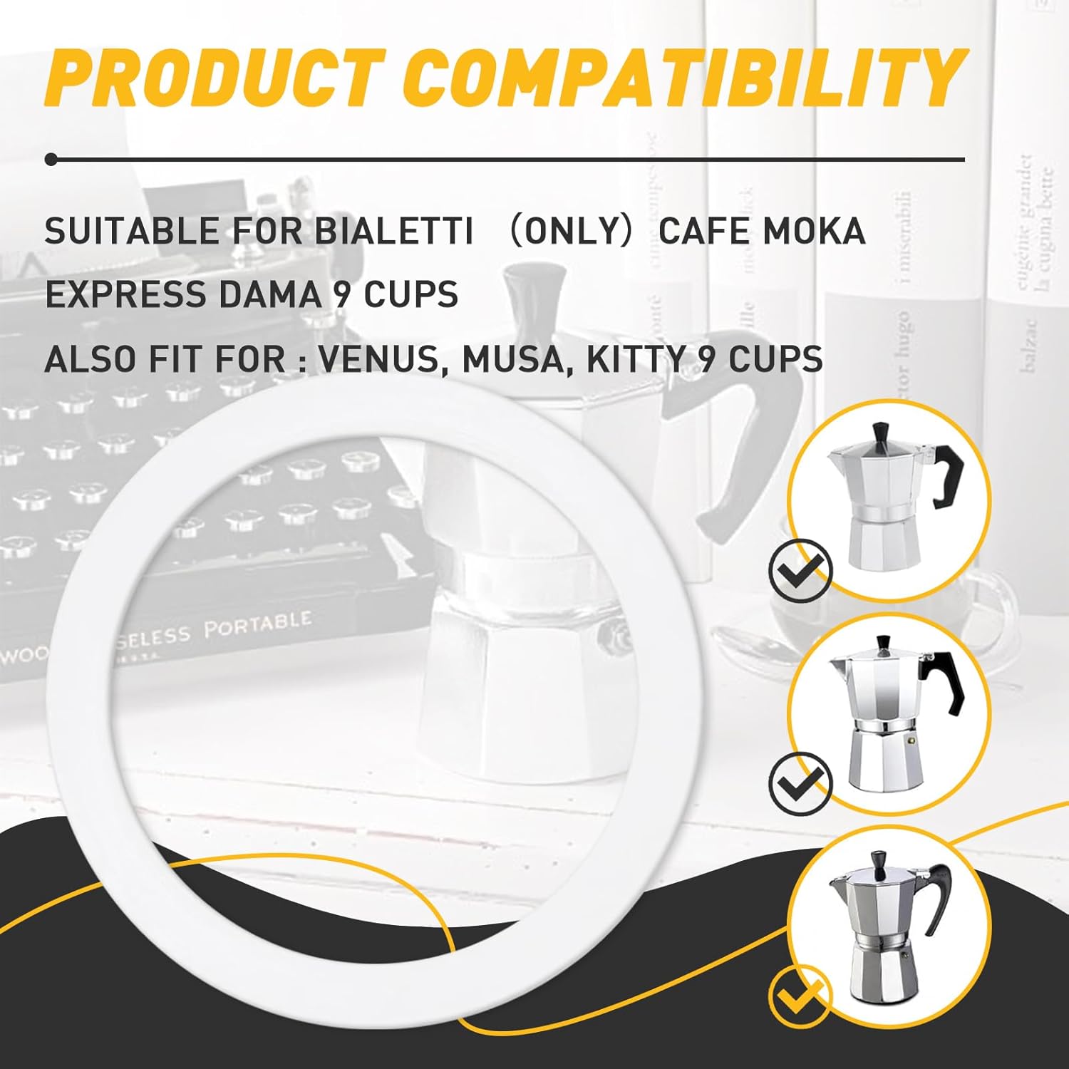 6 Pcs Gasket Seal Rings for Bialetti Moka Express Dama 9 Cups - Spare Food Grade Silicone Sealing Rings for Aluminium Stovetop Coffee Maker Pots