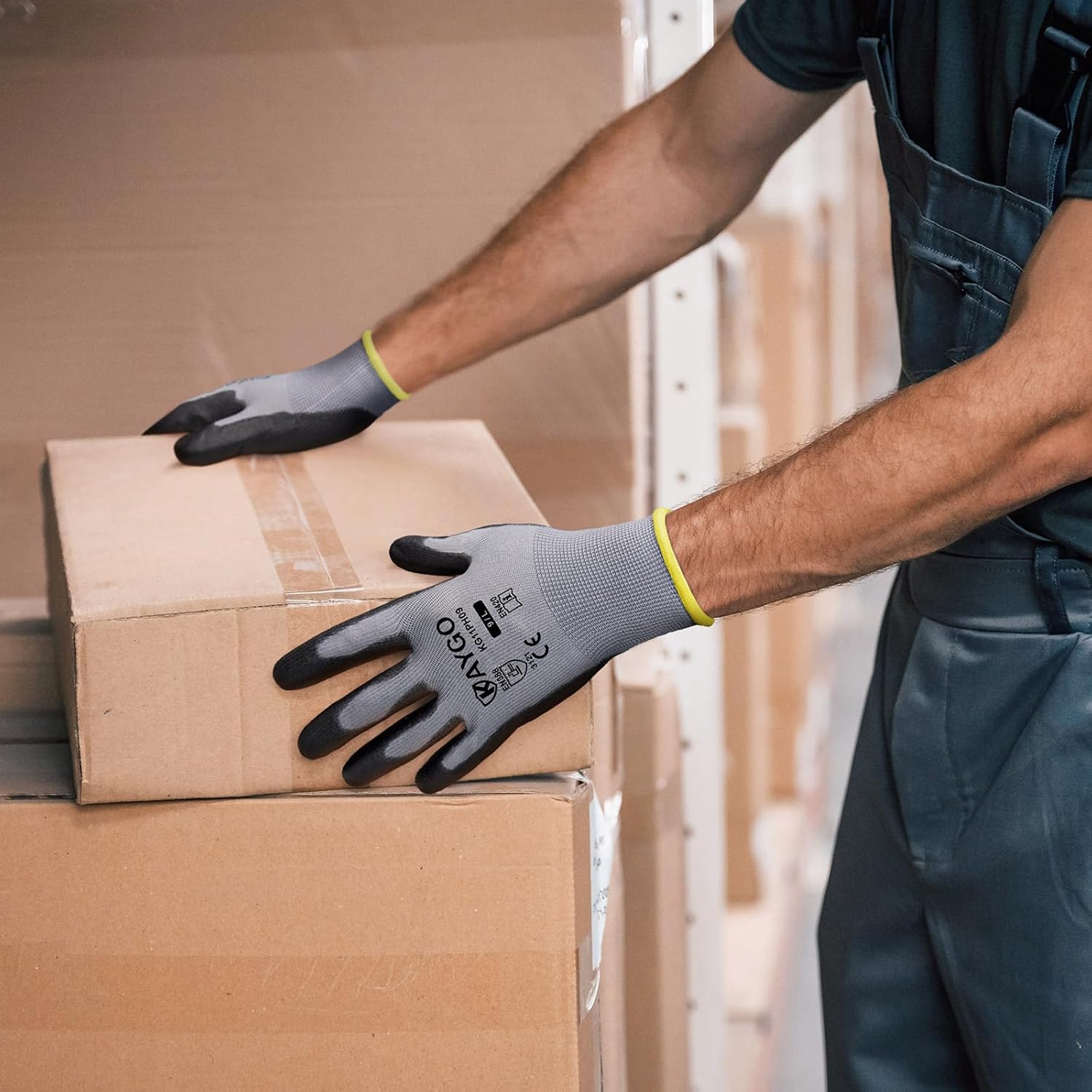 KAYGO Safety Work Gloves PU Coated-12 Pairs KG11PB Seamless Knit Glove with Polyurethane Coated Smooth Grip on Palm & Fingers for Men and Women, Gray,Large