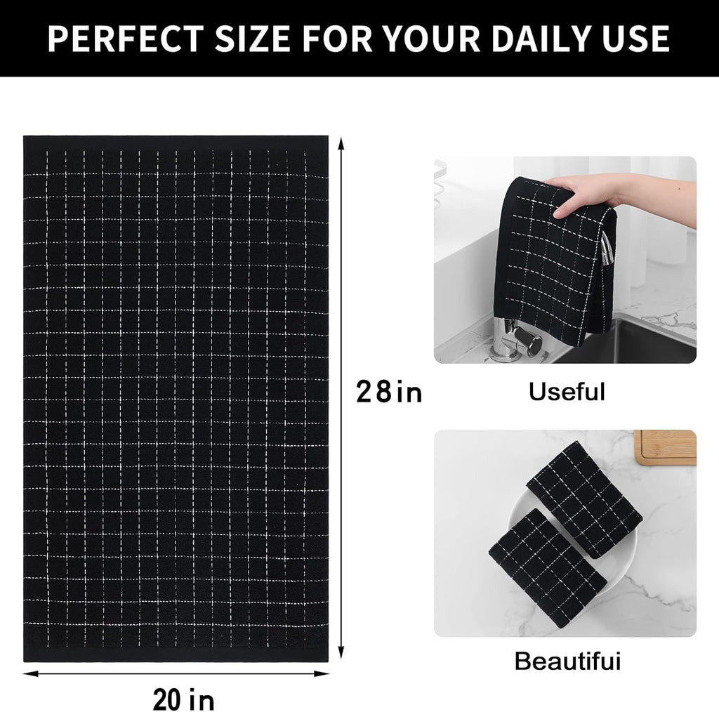 Homaxy 100% Cotton Terry Kitchen Towels(Black, 20 x 28 inches), Checkered Designed, Soft and Super Absorbent Dish Towels, Large 4 Pack