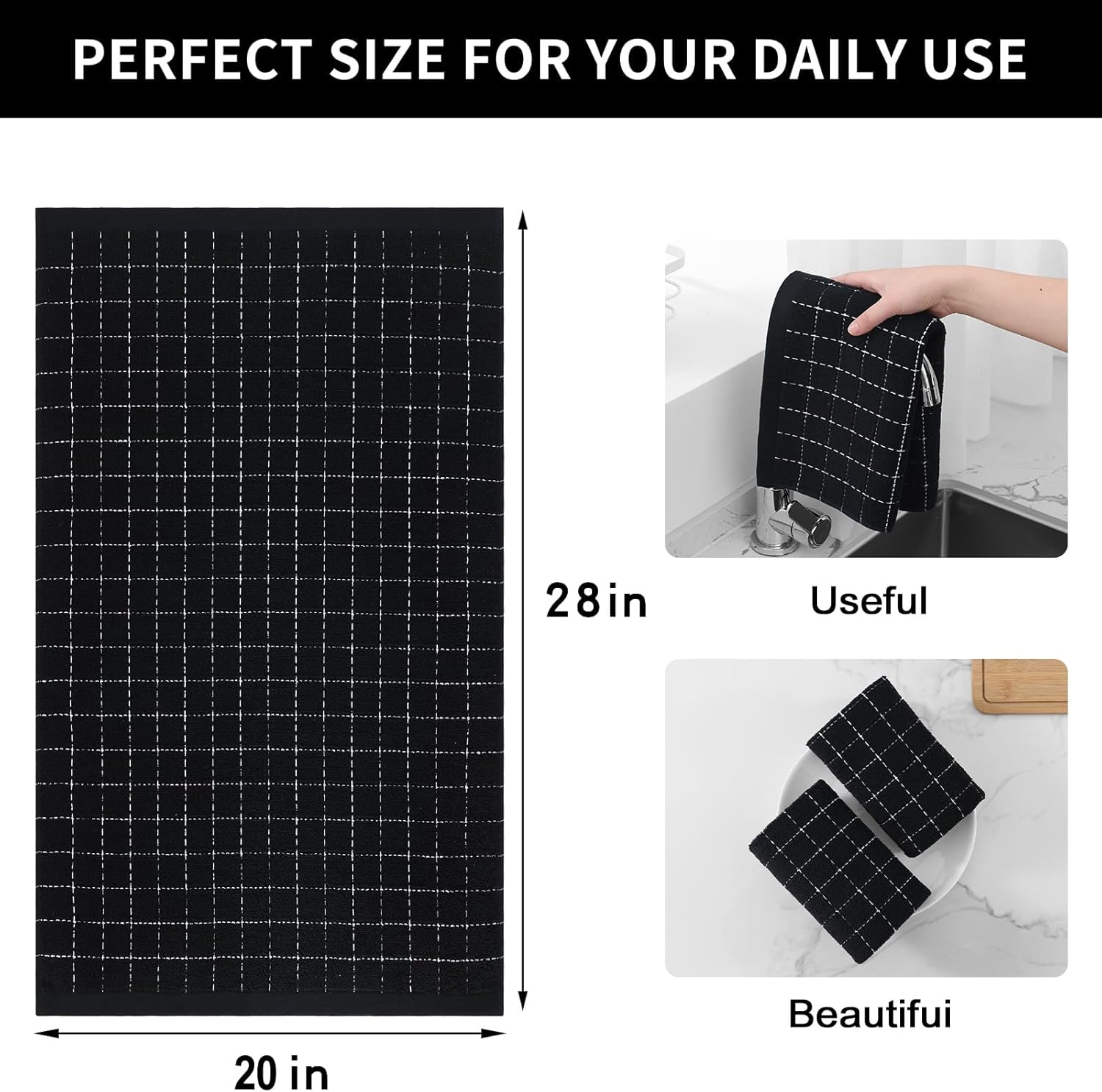 Homaxy 100% Cotton Terry Kitchen Towels(Black, 20 x 28 inches), Checkered Designed, Soft and Super Absorbent Dish Towels, Large 4 Pack