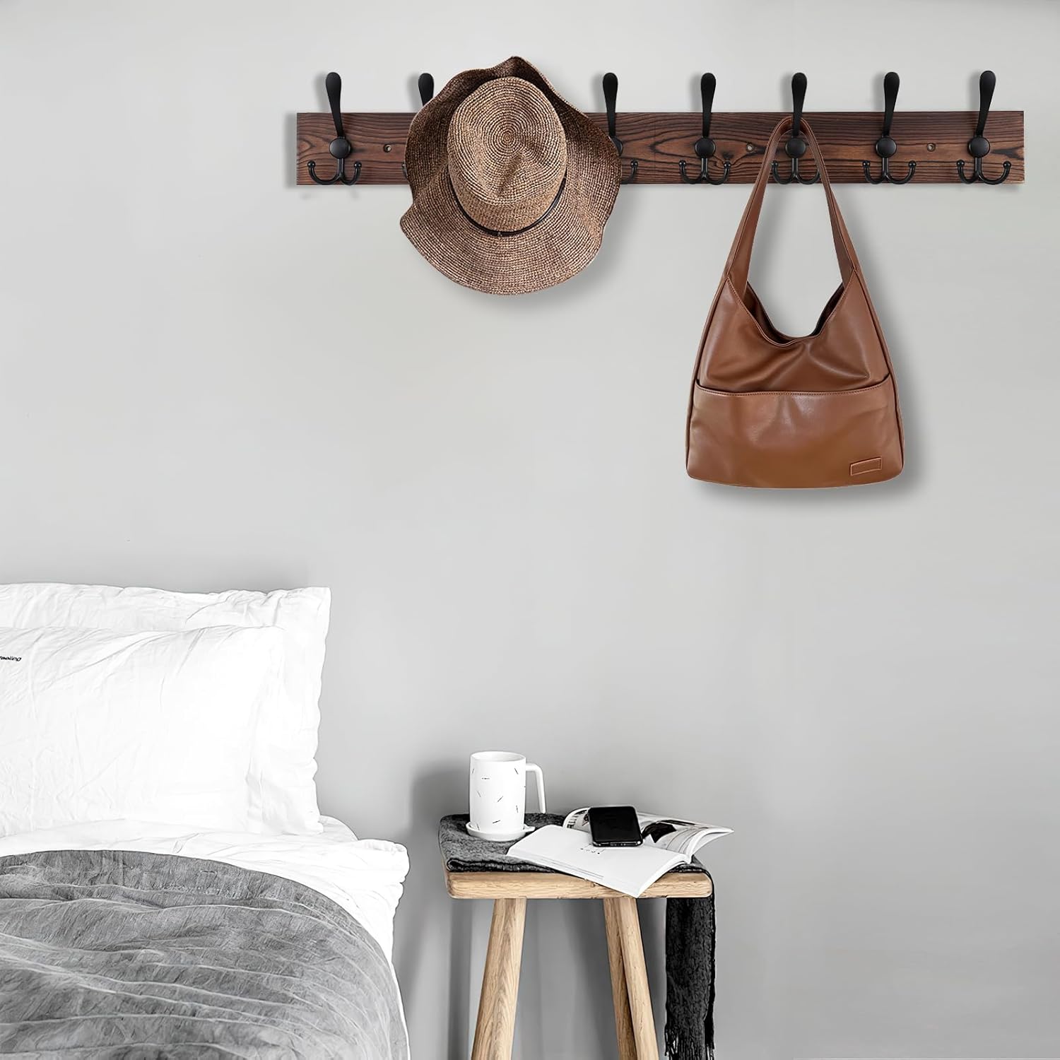 32.2'' Large Coat Rack Wall Mount Coat Hooks Coat Hanger with 8 Metal Black Triple- Hooks Brown Pine Real Wood Plank Hat Rack for Wall Hooks for Hanging Coat Hat Jacket