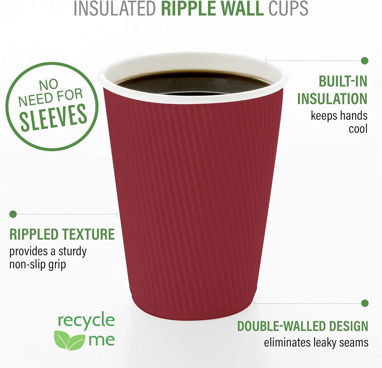 Restaurantware 12 Ounce Ripple Wall Disposable Coffee Cups, 500 Insulated Crimson Paper Tumblers with Rolled Rim Design, Lids Sold Separately for Hot Drinks like Tea, Hot Chocolate and More