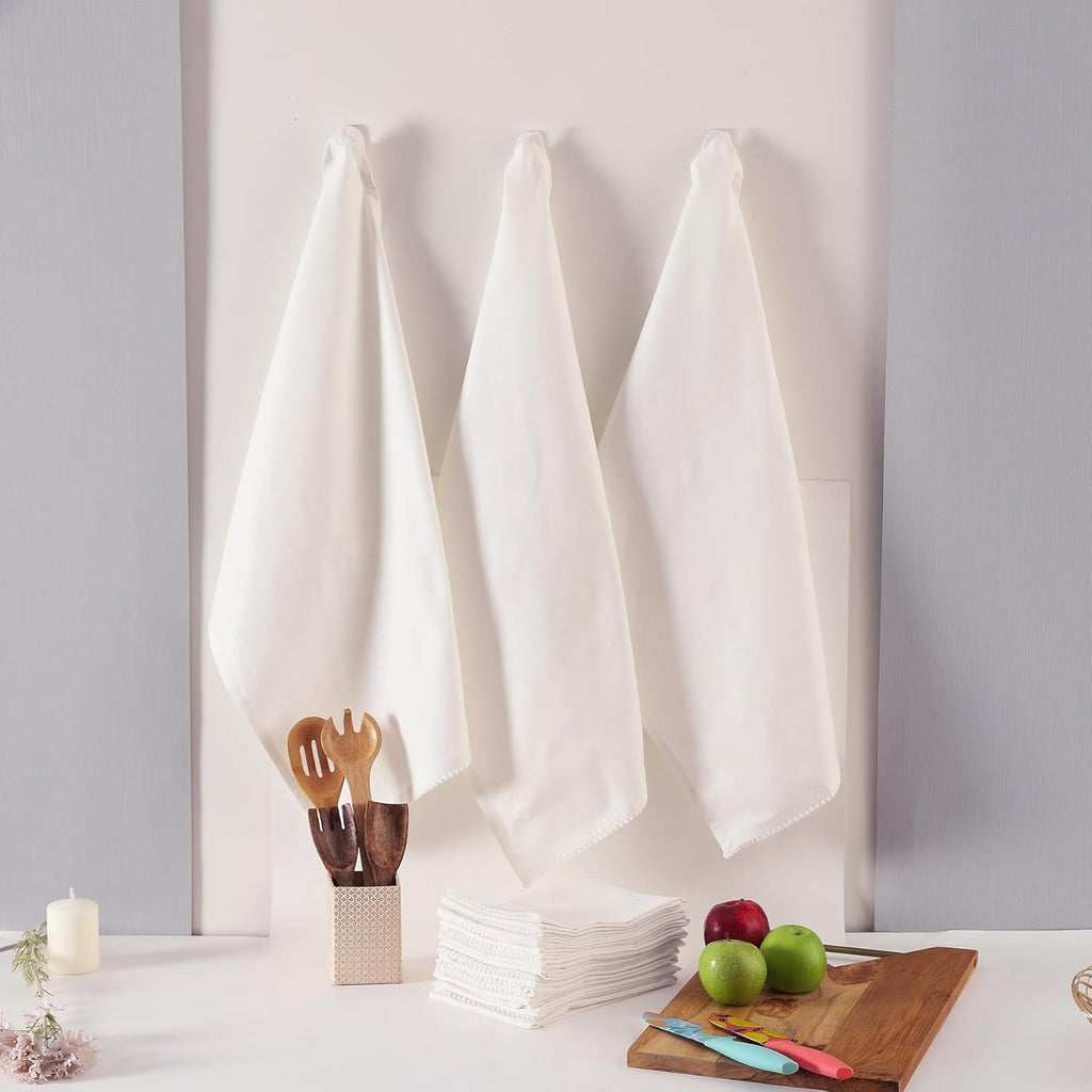 TARAN LIVING Kitchen Towels 100% Cotton Solid Kitchen Dish Cloths, Valentine Decor Hand Towel Reusuable Dish Towel for Cleaning & Drying Tea Towels Set with Hanging Loop - 18"x 28", Pack of 6 - White