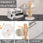 WORHE Mug Holder Marble Base with 6 Hooks Coffee Cup Rack Organizer for Countertop, Round Mugs Stand Hanger for Kitchen Counter Cabinet Bar Accessories and Home Decor White (MH001)