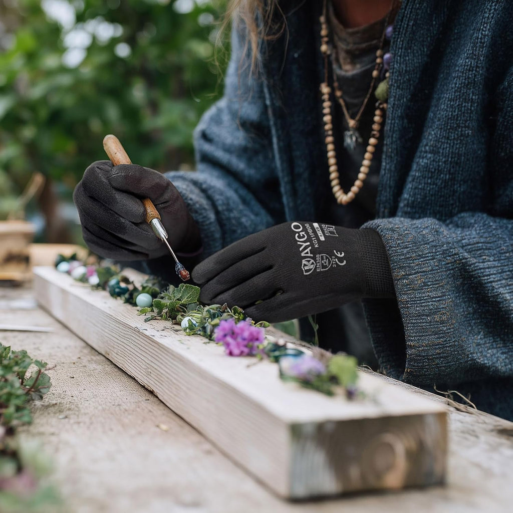 KAYGO Safety Work Gloves PU Coated,12 Pairs KG11PB Seamless Knit Glove for Men and Women, with Smooth Grip on Palm and Fingers, Ideal for General Duty Work (X-Small, Black)