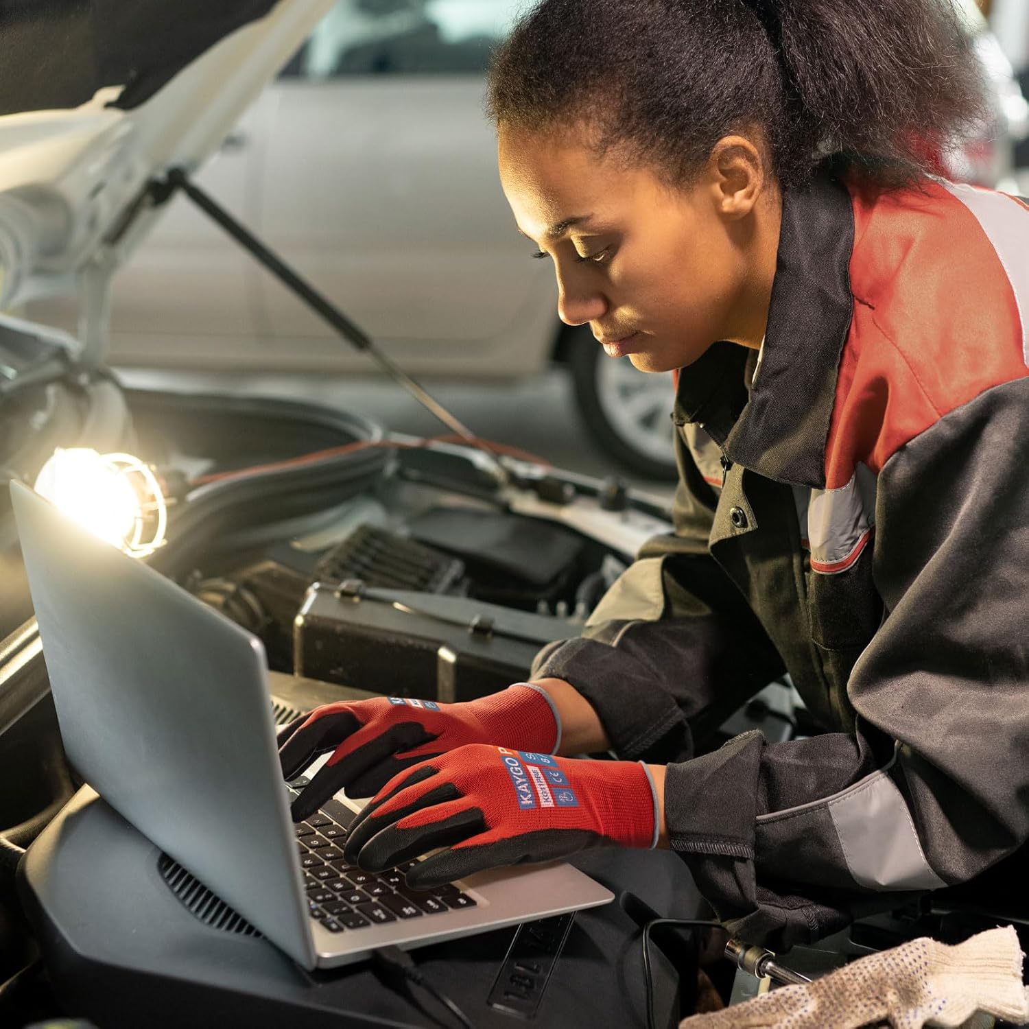 KAYGO Safety Work Gloves PU Coated for Men and Women- KG11P,12 Pairs,Seamless Knit Glove with Two Fingers Touchscreen,Ideal for General Duty Work (Red,XL)