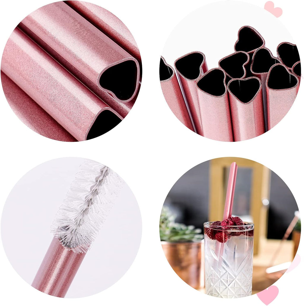 NiHome Reusable Straws 16 Pack, Stainless Steel Drinking Straws, Heart Shaped Metal Straw Bulks with 2 Cleaning Brushes for Smoothies Tumblers Cocktail MilkShake, Pearl Pink