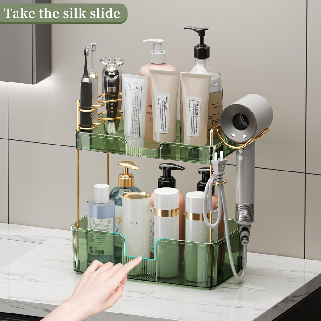 YCIA&DONE Luxury Bathroom Counter Organizer, Large Makeup Organizer Countertop, Shelf Organizer, Vanity Tray, Easily Assemble for Bathroom Organizers and Storage, Undersink, Cabinet, 2 Tiers Green