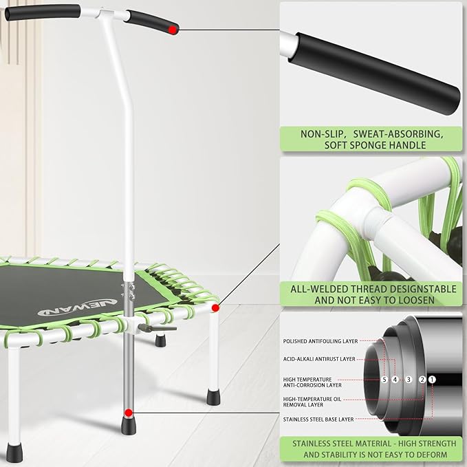 Newan 48'' Fitness Trampoline with Adjustable Handle Bar, Silent Trampoline Bungee Rebounder Jumping Cardio Trainer Workout for Adults - Max Limit 330 lbs