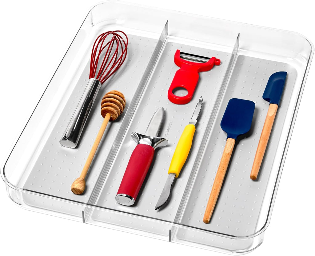 madesmart Utensil Tray - Large | Light Grey | Clear Soft Grip Collection | 3-compartment | Soft-grip Lining | Non-slip Feet | BPA-free