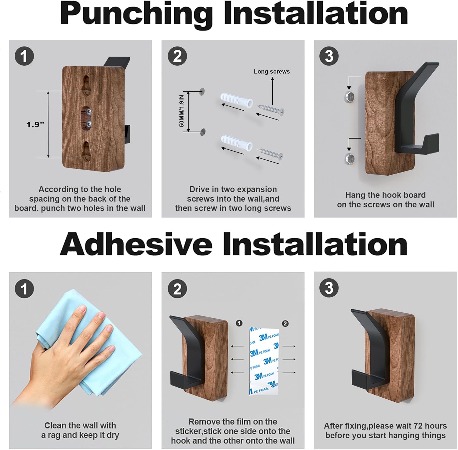 4 PCS Black Walnut Wood Wall Hooks Adhesive Mounted & Wall Mounted Rustic Decorative Entryway Hooks Mid Century Modern Natural Wooden Pegs for Hanging Coat Clothes Hat Bag Purse and Towel