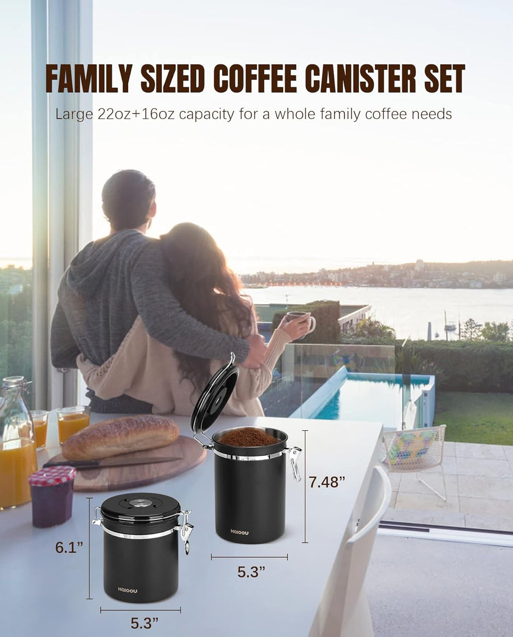 HAIOOU Airtight Coffee Canister, 22OZ +16OZ 2 Piece Stainless Steel Coffee Bean Storage Container with Date Tracker, Measuring Scoop, CO2 Releasing Valves, Mini Tongs for Coffee Bean, Grounds - Black