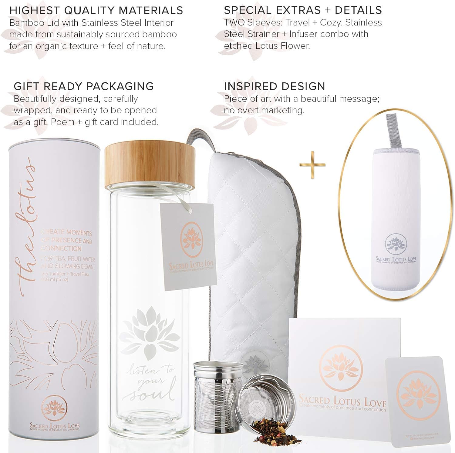 Sacred Lotus Love Double-Walled Glass Tea Tumbler with Infuser and Strainer 15oz - Perfect for Loose Leaf Tea, Cold or Hot Water Bottle, Fruit Drinks - Comes with Travel Sleeve and Cozy