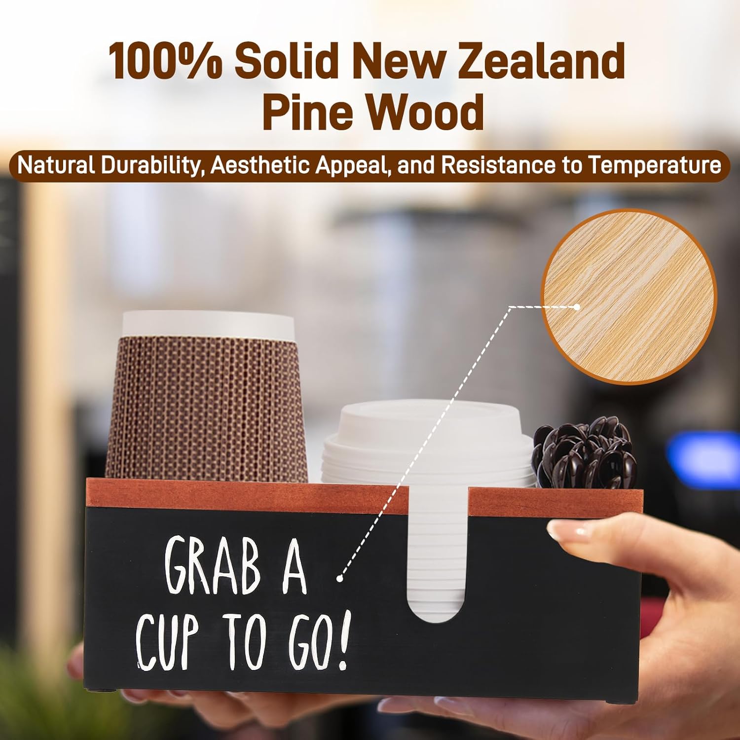 100% Wooden Coffee Cups Holder with U-Shape Cutout Design for Countertop-Coffee Bar Organizer for Cups, Lids, Pods, Stirrers, and Accessories, Great Gift for Home or Office