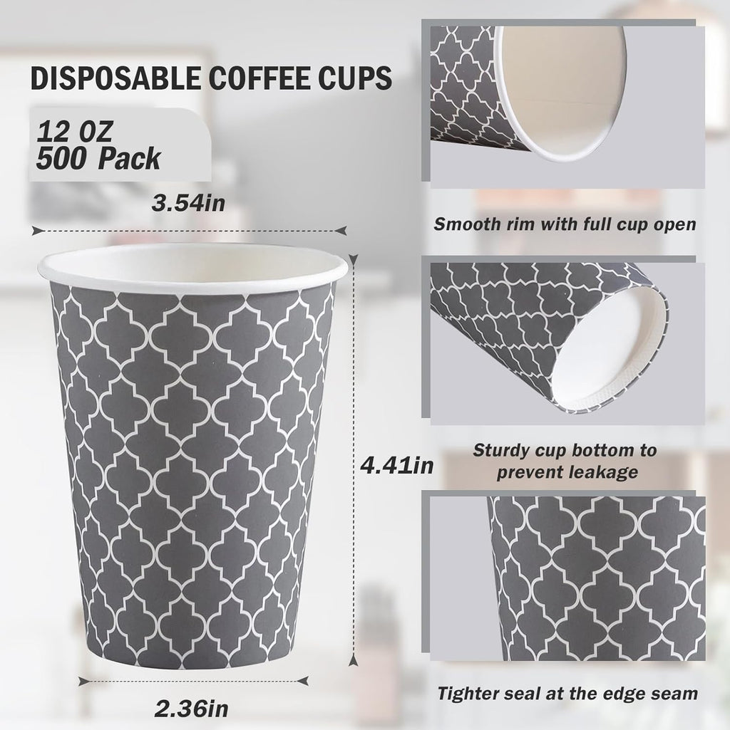 Lamosi Coffee Cups 12OZ 500 Pack, Disposable Coffee Cup, Disposable Cups,12 oz Hot Cups,12 oz Paper Insulated Cup for Cold Hot Drinks (No Lids)